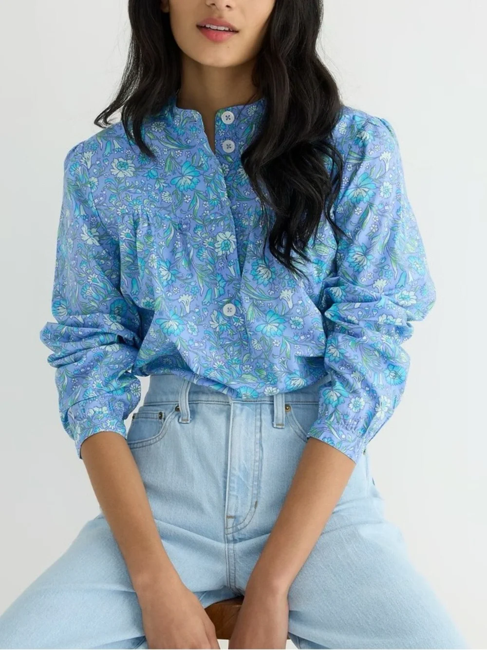 J.Crew Fresco Top blue floral cotton poplin popover feminine romantic office L